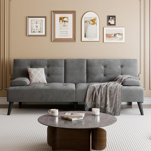 64" Futon Sofa Bed, Small Couch with 2 Cup Holders, Grey