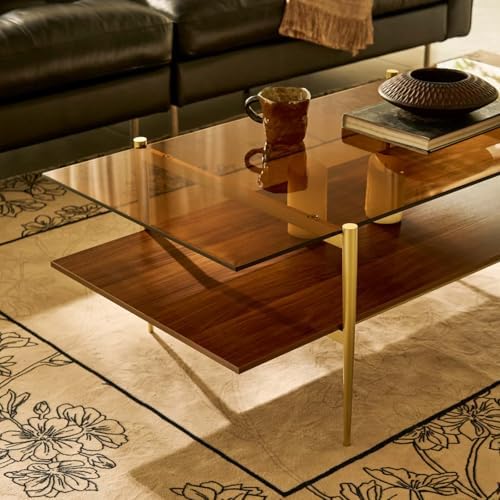 AGV LIGHTING Tadio Large Glass Coffee Table, Mid-Century Modern Coffee Table for Living Room, Gold Finish Leg, Coffee Brown Glass Top & Walnut Brown Shelf, 47 in