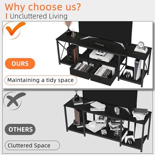 GYIIYUO TV Stand with Fabric Drawers for 65 70 75 Inches TV - Entertainment Center and Industrial TV Console Table with Open Storage Shelves for Living Room, Bedroom - 63.5" Black