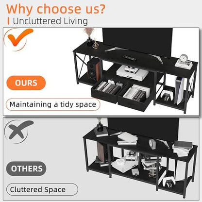 GYIIYUO TV Stand with Fabric Drawers for 65 70 75 Inches TV - Entertainment Center and Industrial TV Console Table with Open Storage Shelves for Living Room, Bedroom - 63.5" Black