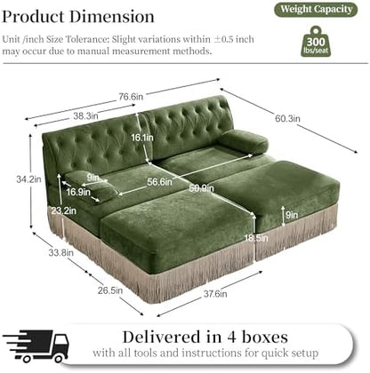 77" Velvet Chesterfield Style Modular Sectional Loveseat Sofa, Oversized Button Tufted 2-Seater Couch with 2 Ottoman & Floor-grazing Tassel Fringe Skirt, Easy Assembly, for Living Room, Green