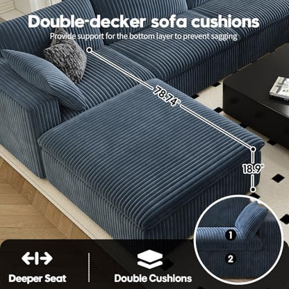 118" Cloud Couch Modular Sectional Sofa for Living Room,Modern Sofa with Deep Seat，U-Shape Boneless Couch with 2 Ottoman,Comfy Upholstered Corduroy Couches for Apartment, Studio, Office,Bedroom，Blue