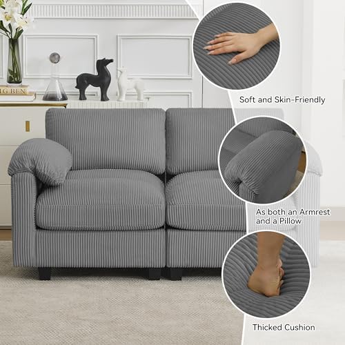 Modular Sectional Sofa, 114'' Corduroy Deep Seat U Shaped Couch, Grey
