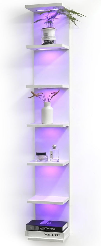 VIWODS 7 Tier Wall Shelf with Lights, White Lack Wall Shelf, Display Floating Shelves with Remote Control for Home Decor Bedroom Vanity