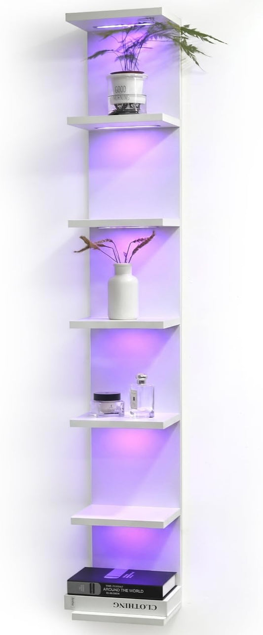 VIWODS 7 Tier Wall Shelf with Lights, White Lack Wall Shelf, Display Floating Shelves with Remote Control for Home Decor Bedroom Vanity