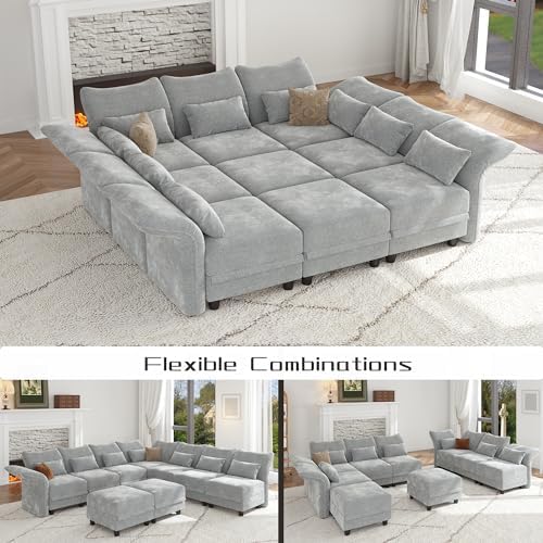 LLappuil 102" Modular Sectional Sofa with Storage Seat, Cozy Chenille Sleeper Sectional Couches for Living Room with Adjustable Armrest Backrest, Luxury Grey