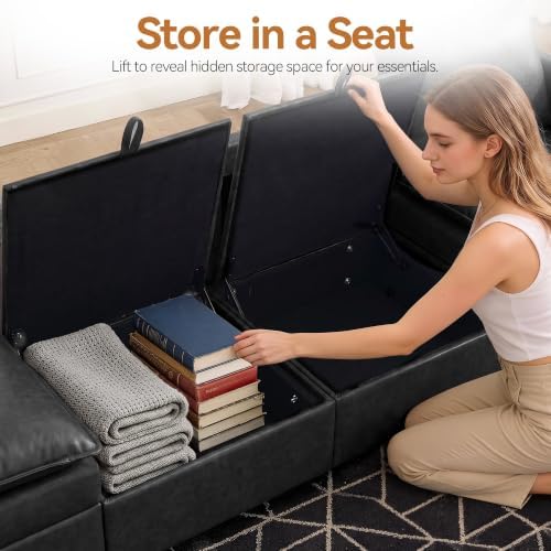 Modular Sectional Storage Sofa, 80" Deep Seat U-Shaped Couch, Pu Black