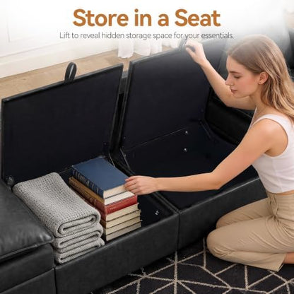 Modular Sectional Storage Sofa, 80" Deep Seat U-Shaped Couch, Pu Black