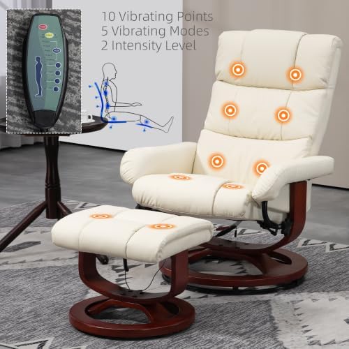 HOMCOM Massage Recliner Chair with Ottoman Swivel Recliner Cream White