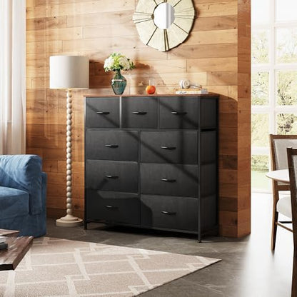 WLIVE Tall Dresser for Bedroom, 9 Drawer Dresser, Black and Rustic Brown