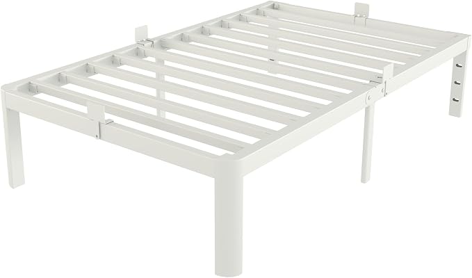 White Twin Size Bed Frames 14 Inch, Metal Platform Twin Bed Frame No Box Spring Needed, Heavy Duty Steel Support 3500 LBS, DIY Headboard, Round Legs, Noiseless, Storage Space, Easy Assembly