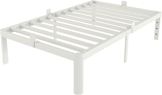 White Twin Size Bed Frames 14 Inch, Metal Platform Twin Bed Frame No Box Spring Needed, Heavy Duty Steel Support 3500 LBS, DIY Headboard, Round Legs, Noiseless, Storage Space, Easy Assembly