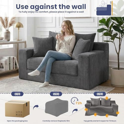 3-in-1 Convertible Sofa Bed,Boneless Loveseat Sleeper & Folding Couch Bed with 4 Pillows & Detachable Cushion for Bedroom, Small Space, Guest and Living Room, Corduroy Futon, No Assembly