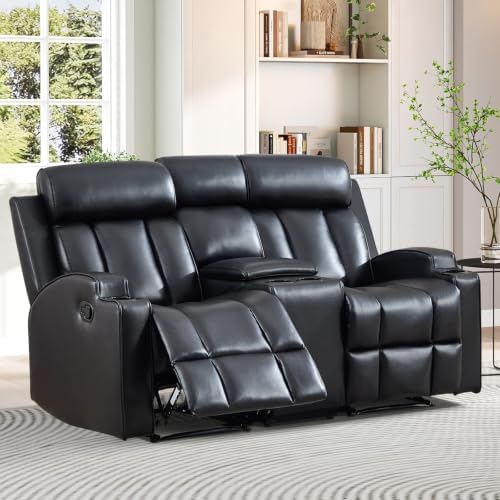 HAOMARKETS Premium PU Leather Manual Loveseat Recliner Sofa with Center Console, Overstuffed 2-Seater Reclining Couch with Hidden Storage & Cup Holders, Dual Recliner for Living Room, Black