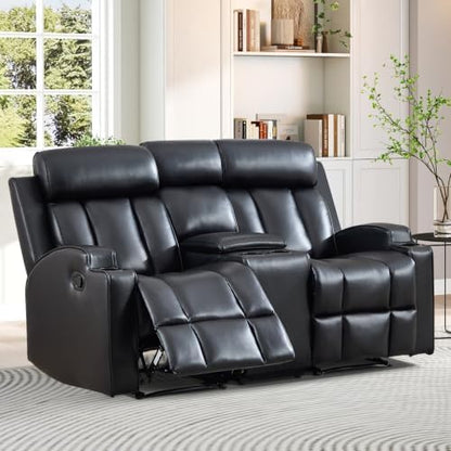 HAOMARKETS Premium PU Leather Manual Loveseat Recliner Sofa with Center Console, Overstuffed 2-Seater Reclining Couch with Hidden Storage & Cup Holders, Dual Recliner for Living Room, Black