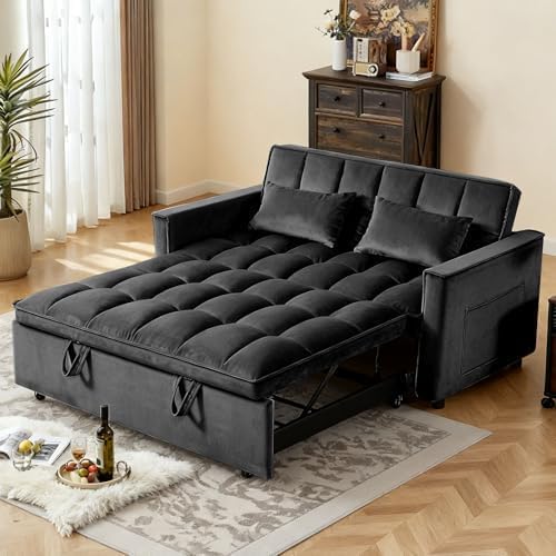 54'' Sleeper Sofa Bed, Convertible Pull Out Couch Futon with Side Pockets, Velvet Loveseat Sofa Bed with Adjustable Backrest, Armrest Pillows for Living Room Dorm Apartment, Black