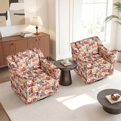 Swivel Accent Chairs Set of 2, Floral Armchair in Fabric, Beige