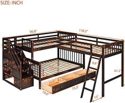 Wood L-Shaped Bunk Bed with Loft Bed Attached for 3 Kids,Twin Over Full Corner Bunk Beds with 3 Drawers, Ladder and Staircase,No Box Spring Needed (Espresso/L+A)