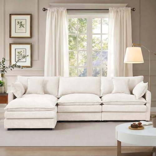 Modern 102" L Shaped Sectional Sofa Cloud Couch, Modern Chenille Comfy Modular Sleeper Sofa, Upholstery Sofa with Ottoman & Memory Foam for Living Room, Beige