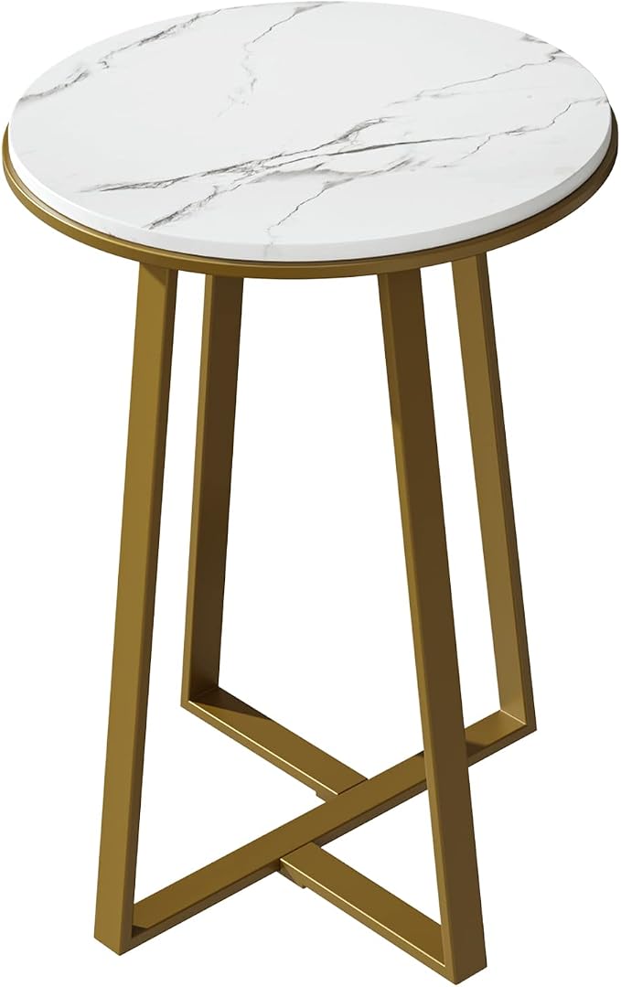 Dorriss Round End Tables, Small Side Table White Marble Texture MDF Top,Metal Frame Gold Color, Tall End Table for Bed Room,Coffee Tea End Table for Living Room (White Marble+Gold)