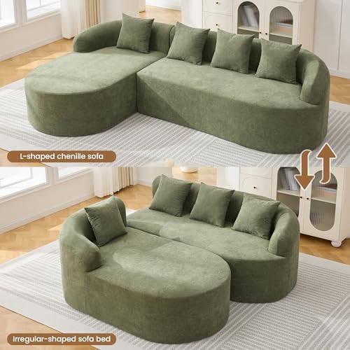 105" Boneless L Shaped Couch, Curved Sofas for Living Room, Chenille Green