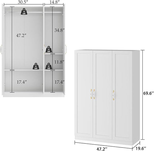 AIEGLE 3 Doors Wardrobe Armoire Closet, Large Freestanding Armoire Wardrobe Cabinet with Shelves & Hanging Rod, Bedroom Wood Clothes Storage Cabinet Organizer, White 47.2" Wide Type A