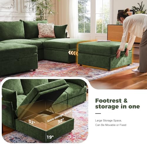 ABCASA 134.6" U Shaped Modular Sectional Couch with Washable Chenille Cover, 6 Seater Deep Seat Sofa with Storage Ottoman & Reversible Chaise for Living Room, Pet-Friendly, Green