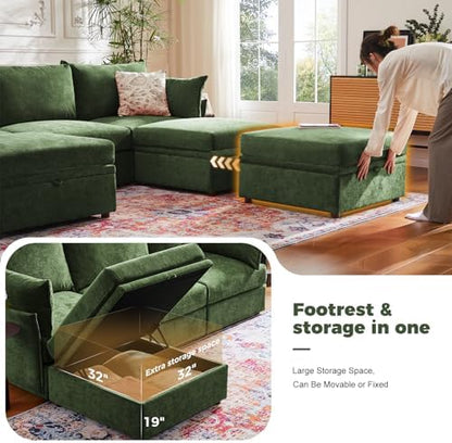 ABCASA 134.6" U Shaped Modular Sectional Couch with Washable Chenille Cover, 6 Seater Deep Seat Sofa with Storage Ottoman & Reversible Chaise for Living Room, Pet-Friendly, Green