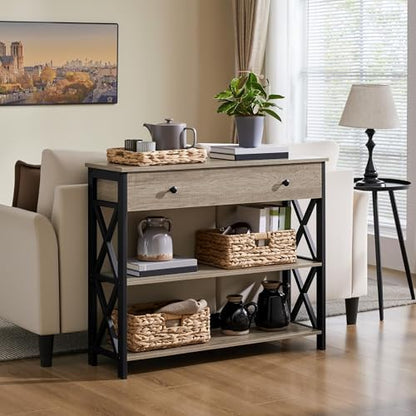 Yaheetech Console Table with Drawer, Entry Table with 3 Tier Storage, Gray