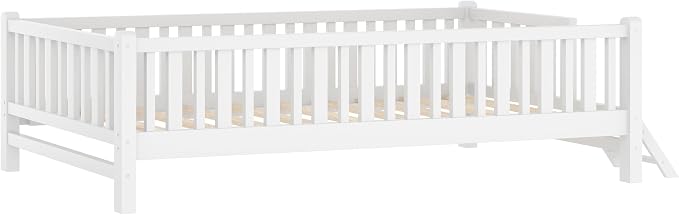 Merax Wood Twin Size Platform Bed with Guardrail, Kids Bed Frame with Stairs, White