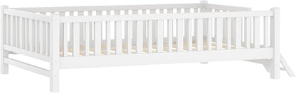 Merax Wood Twin Size Platform Bed with Guardrail, Kids Bed Frame with Stairs, White