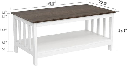 ChooChoo Farmhouse Coffee Table, White Living Room Table with Shelf, 40 Inch