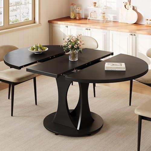 59" Extendable Round Dining Table for 6-8, Kitchen Table with Sturdy Double Arc Base & Backboard Clasp Desktop, Mid-Century Modern Dinner Table, Kitchen Dining Room, Space Saving, Black