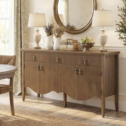 57" Fluted Sideboard Buffet,Retro Storage Cabinet, Light Oak
