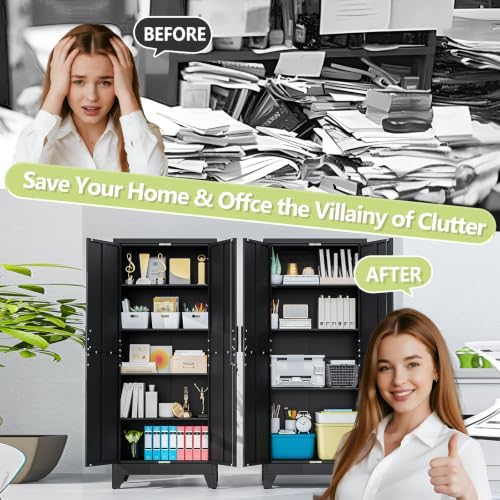 Black Kitchen Pantry Cabinets, 71 Metal Lockable Storage for Office