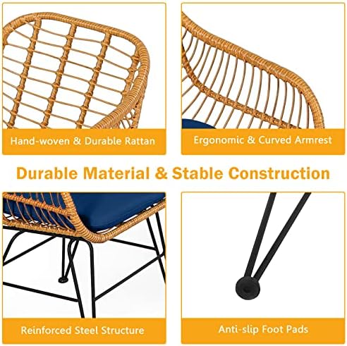 Tangkula 3 Pieces Patio Bistro Set, Rattan Conversation Set with 2 Cushioned Armchairs & Round Glass Coffee Table, Indoor Outdoor Wicker Furniture Set for Balcony, Backyard, Garden, Poolside