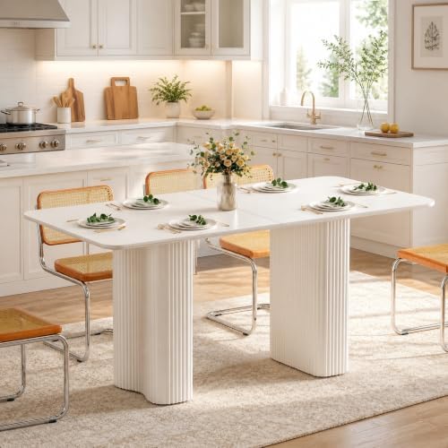 DWVO Cream White Dining Table 63" for 4-6, Rounded Corners, Fluted Base