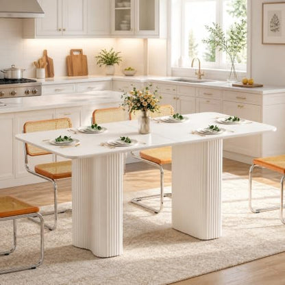 DWVO Cream White Dining Table 63" for 4-6, Rounded Corners, Fluted Base