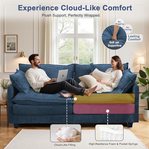77" Cloud Chenille Sofa Set with Pillows, Deep Seat Loveseat Couch for Apartments, Space Saving 2-Seater with Solid Wood Frame, Easy Assembly (1YR Guarantee) Comfy, Blue