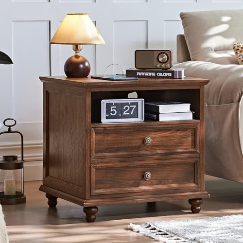 Joaxswe 24" Wide Farmhouse Nightstand with Charging Station, End Table with 2 Drawers, Brown Wood Dresser for Bedroom Cabinet, Bed Side Table Chest of Drawers, Night Stand for Living Room, Closet