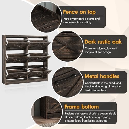 Maupvit Large Shoe Storage Cabinet with 6 Flip Drawers, Freestanding Shoe Organizer with Metal Handles for Entryway, Narrow Shoe Rack Cabinet, Dark Rustic Oak