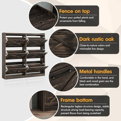 Maupvit Large Shoe Storage Cabinet with 6 Flip Drawers, Freestanding Shoe Organizer with Metal Handles for Entryway, Narrow Shoe Rack Cabinet, Dark Rustic Oak