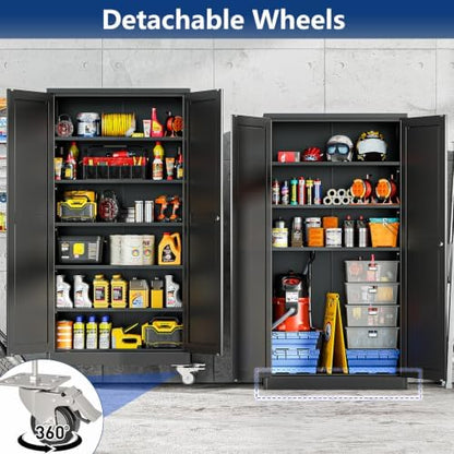 Ckzbx Metal Large Garage Storage Cabinet with Locking Doors and Adjustable Shelves,73.6" H Rolling Tool Storage with Wheels for Garage,Office (Black)