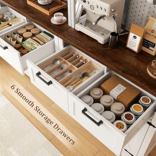 Unikito 71" Kitchen Pantry Cabinet with Outlets, Microwave Stand, White
