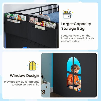 ELYKEN Low Loft Bed Twin Size with 10 Storage Drawers,Twin Loft Bed with Bookcase and LED Lights,Metal Kids Loft Bed with Safety Guardrail,Inclined Ladder & Play Curtain, Under-Bed Play Space, Black