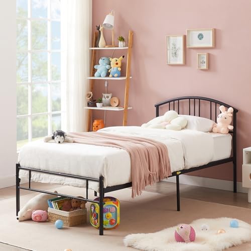 VECELO Twin Size Bed Frame with Headboard and Footboard, Metal Platform Mattress Foundation, Sturdy Steel Slat/No Box Spring Needed/Under Bed Storage/Easy Assembly
