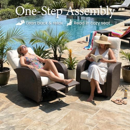 LayinSun Oversized Wicker Outdoor Swivel Glider Recliner with Adjustable Backrest & Footrest, Patio Reclining Lounge Chair - Set of 2