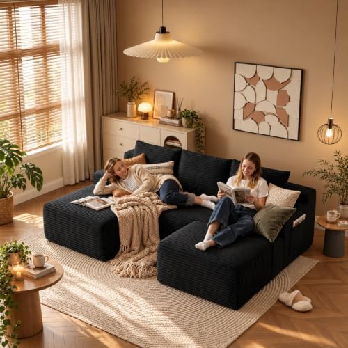 96" Sectional Couches for Living Room Cloud Couch Sofa with L-Shape Upholstered Boneless Couchs Modern Modular Sectional Couch with Chaise (Black, 96.1" U Shape with Left Facing Chaise)