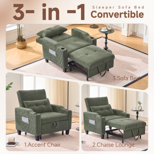 3 in 1 Convertible Sleeper Chair, Corduroy Single Sleeper Sofa Bed, Pull Out Sofa Bed Chair with Adjustable Backrest & Side Pockets for Living Room, Oliver Green