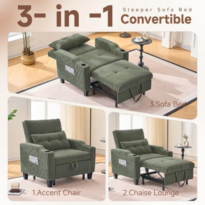 3 in 1 Convertible Sleeper Chair, Corduroy Single Sleeper Sofa Bed, Pull Out Sofa Bed Chair with Adjustable Backrest & Side Pockets for Living Room, Oliver Green